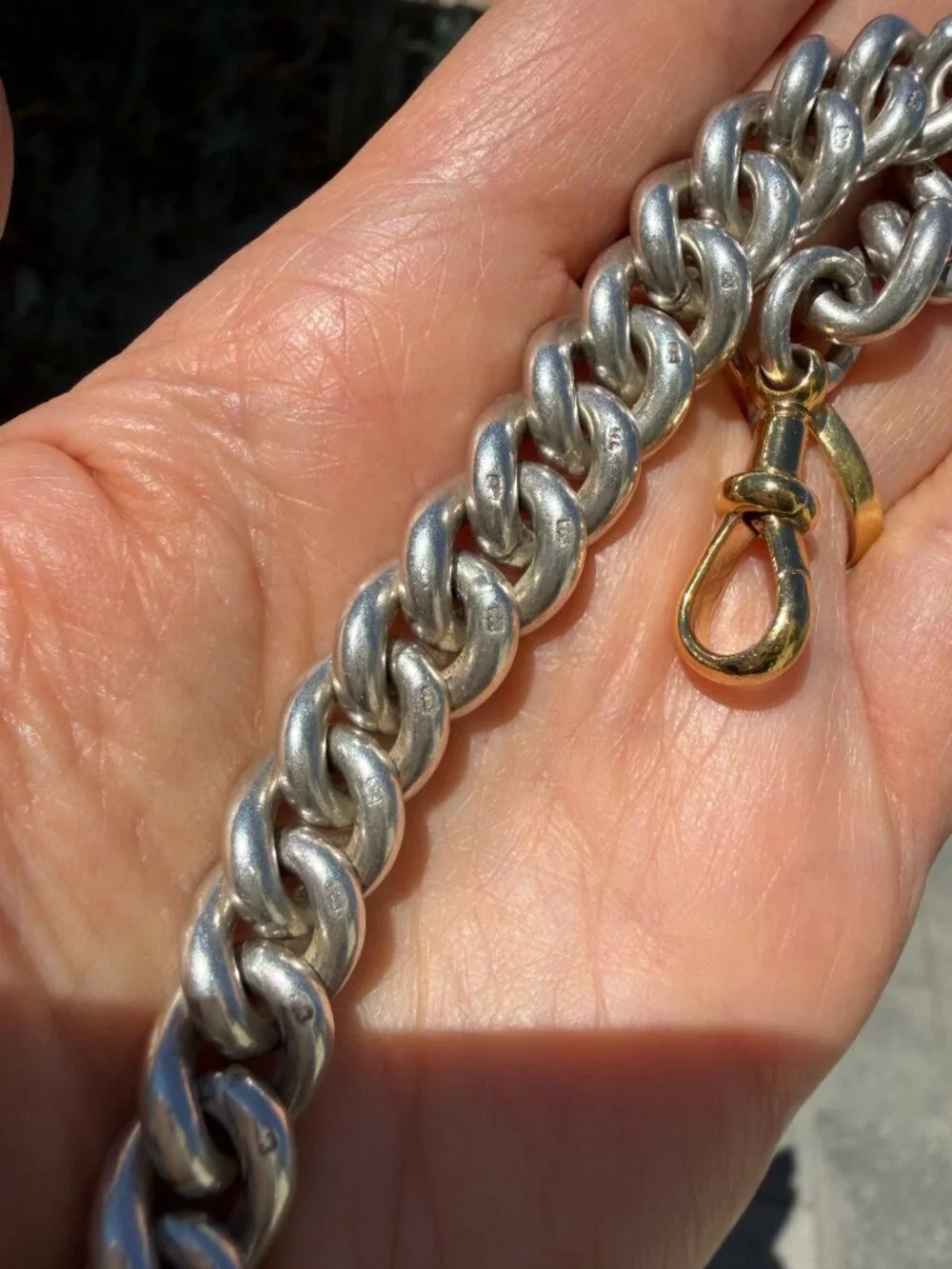 Chunky antique sterling silver curb chain bracelet with XL gold dog clip, 6.5